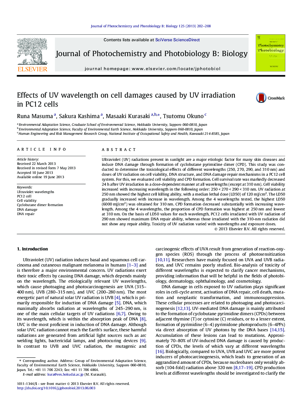 Effects of UV wavelength on cell damages caused by UV irradiation in PC12 cells