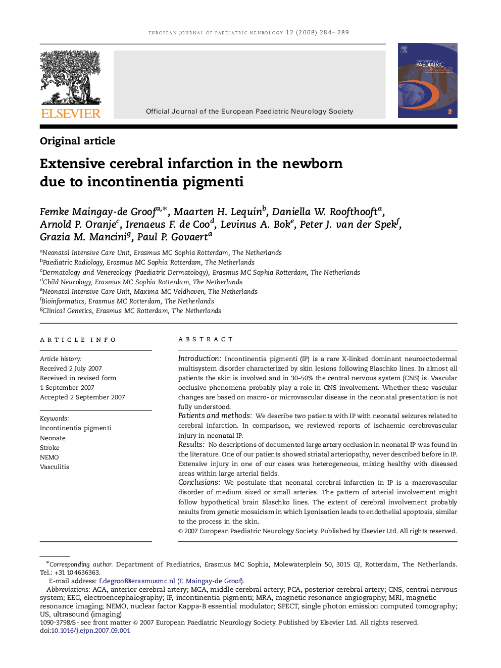 Extensive cerebral infarction in the newborn due to incontinentia pigmenti