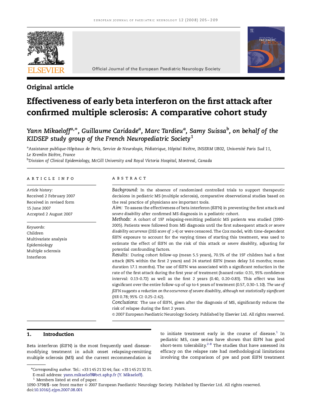 Effectiveness of early beta interferon on the first attack after confirmed multiple sclerosis: A comparative cohort study