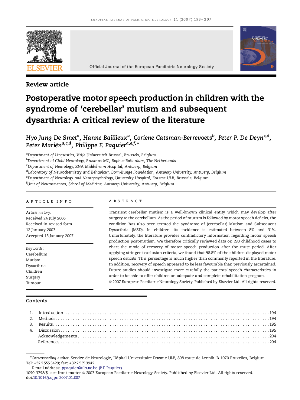 Postoperative motor speech production in children with the syndrome of ‘cerebellar’ mutism and subsequent dysarthria: A critical review of the literature