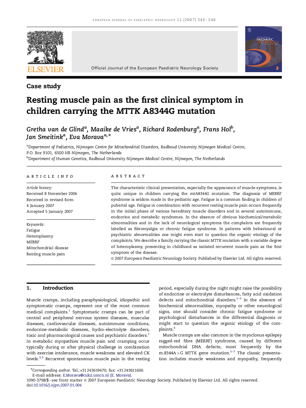 Resting muscle pain as the first clinical symptom in children carrying the MTTK A8344G mutation