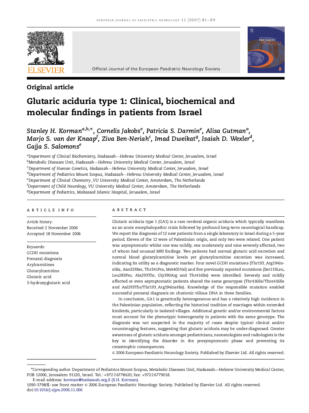 Glutaric aciduria type 1: Clinical, biochemical and molecular findings in patients from Israel