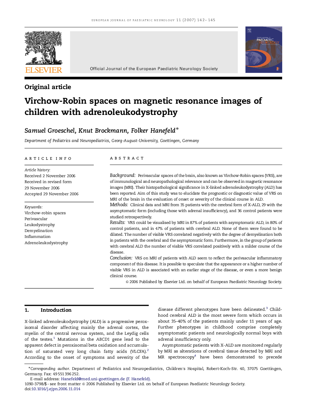 Virchow-Robin spaces on magnetic resonance images of children with adrenoleukodystrophy