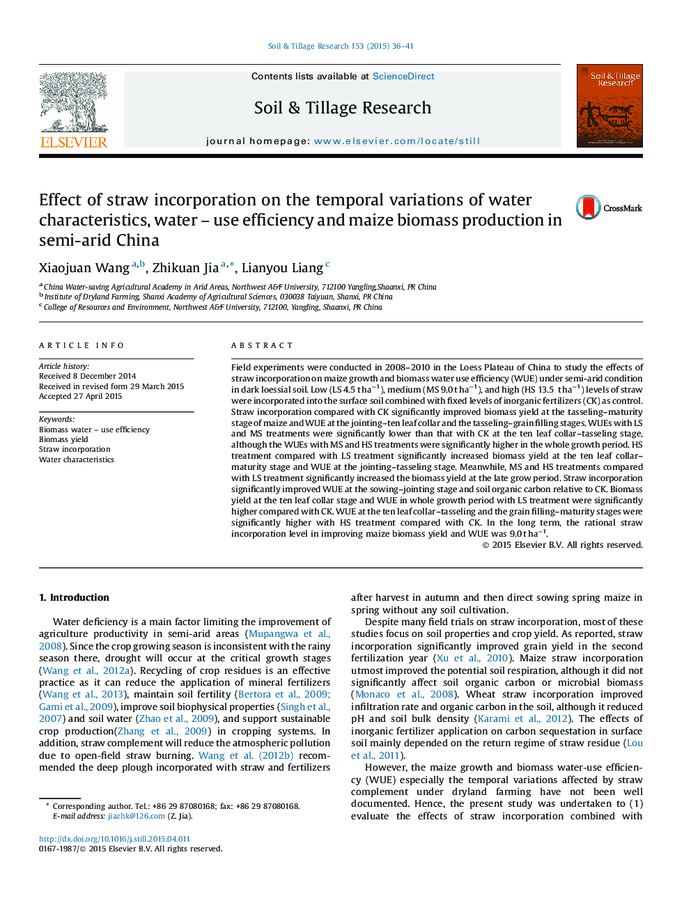 Effect of straw incorporation on the temporal variations of water characteristics, water – use efficiency and maize biomass production in semi-arid China