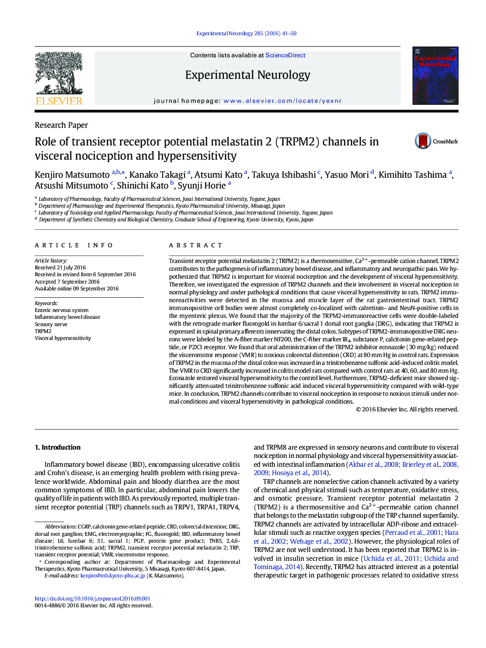 Role of transient receptor potential melastatin 2 (TRPM2) channels in visceral nociception and hypersensitivity