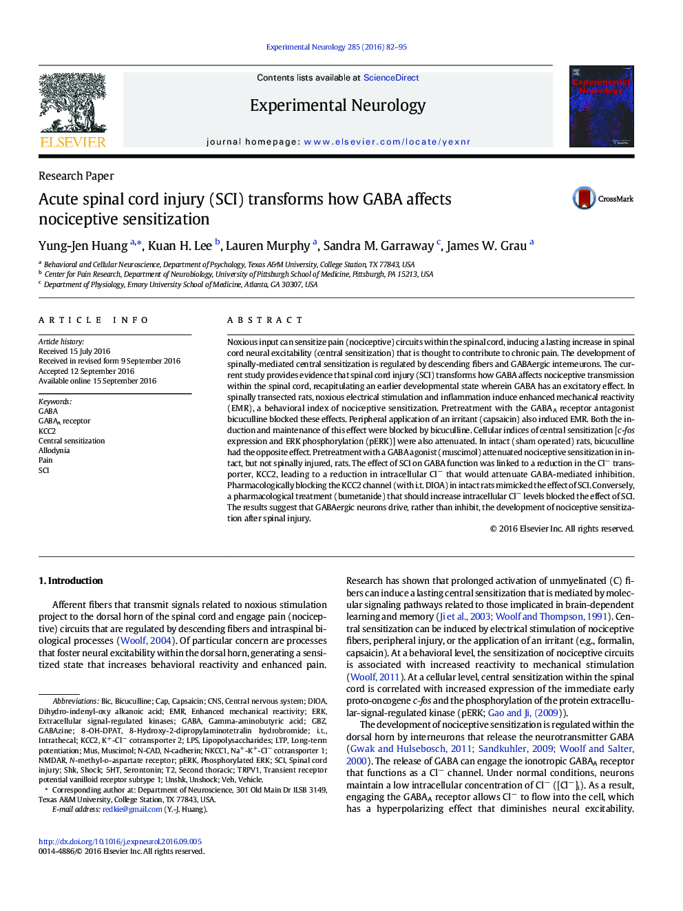 Acute spinal cord injury (SCI) transforms how GABA affects nociceptive sensitization