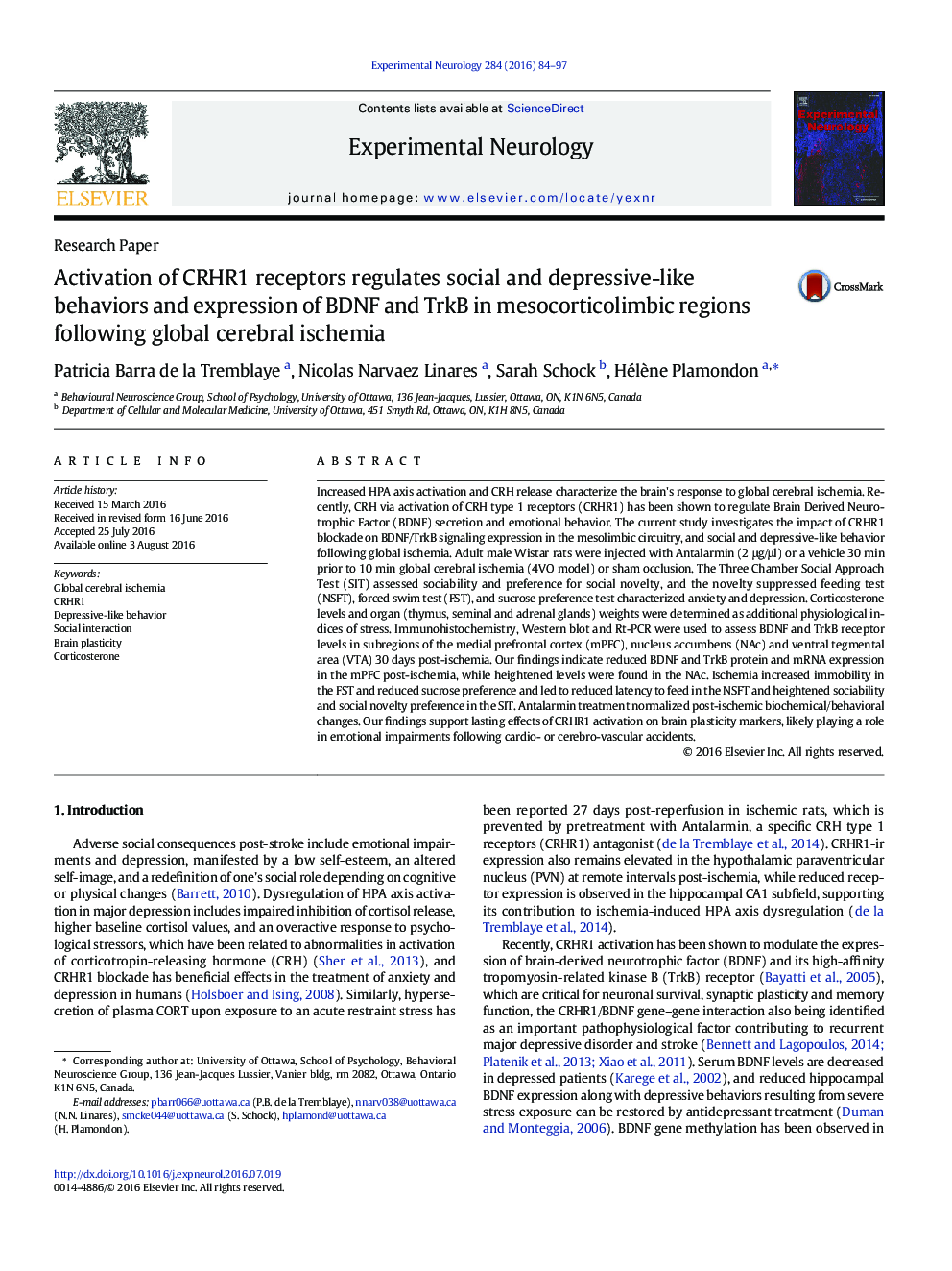 Activation of CRHR1 receptors regulates social and depressive-like behaviors and expression of BDNF and TrkB in mesocorticolimbic regions following global cerebral ischemia