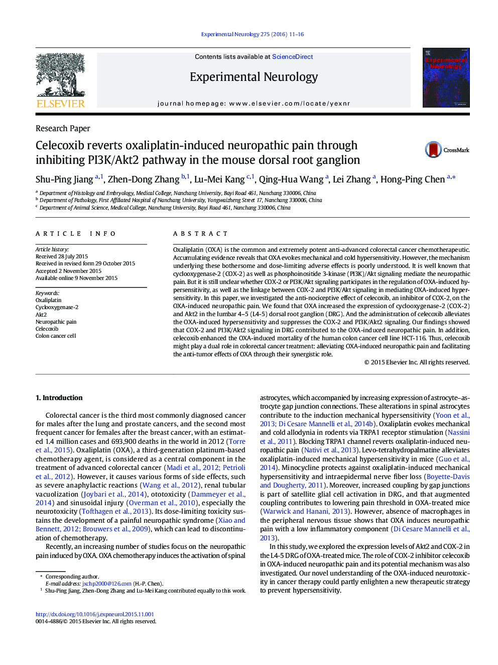 Celecoxib reverts oxaliplatin-induced neuropathic pain through inhibiting PI3K/Akt2 pathway in the mouse dorsal root ganglion