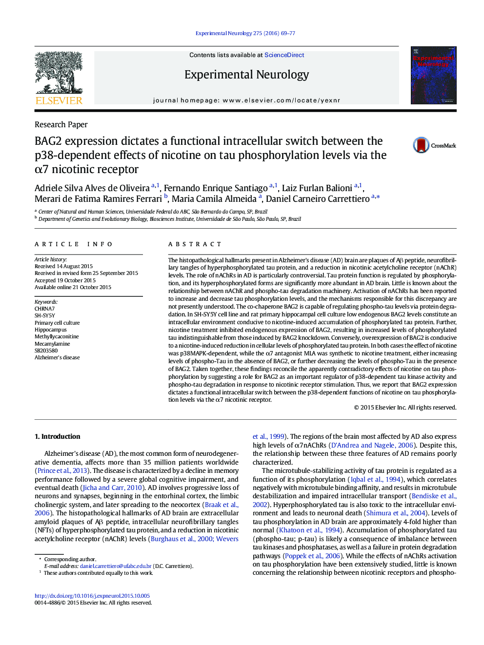 BAG2 expression dictates a functional intracellular switch between the p38-dependent effects of nicotine on tau phosphorylation levels via the α7 nicotinic receptor