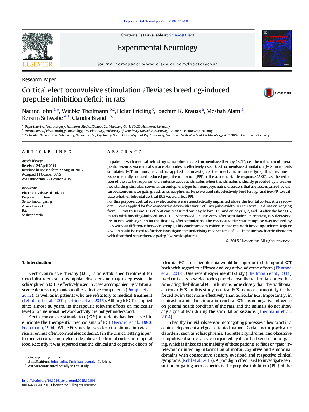 Cortical electroconvulsive stimulation alleviates breeding-induced prepulse inhibition deficit in rats