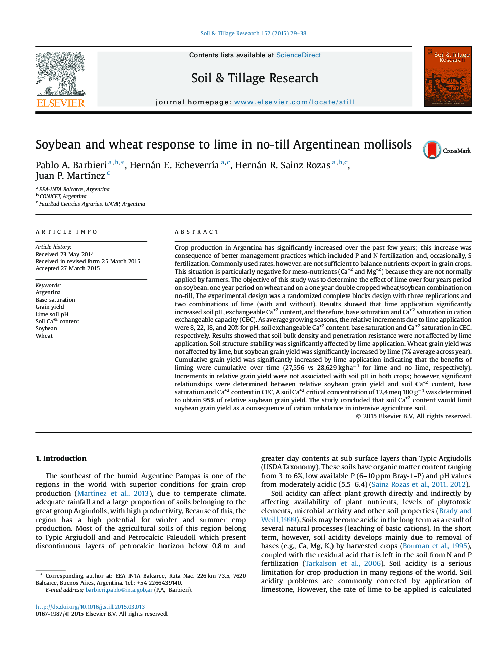 Soybean and wheat response to lime in no-till Argentinean mollisols