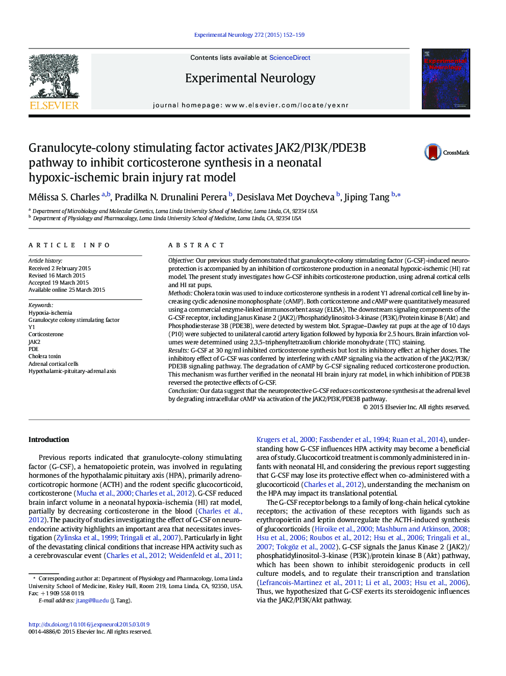 Granulocyte-colony stimulating factor activates JAK2/PI3K/PDE3B pathway to inhibit corticosterone synthesis in a neonatal hypoxic-ischemic brain injury rat model