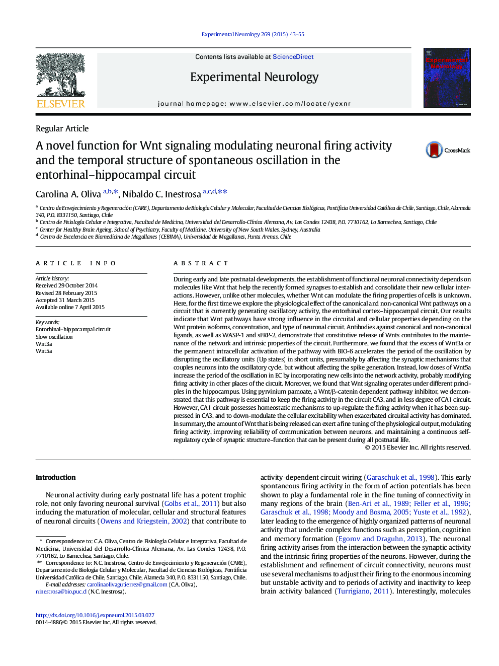 A novel function for Wnt signaling modulating neuronal firing activity and the temporal structure of spontaneous oscillation in the entorhinal–hippocampal circuit