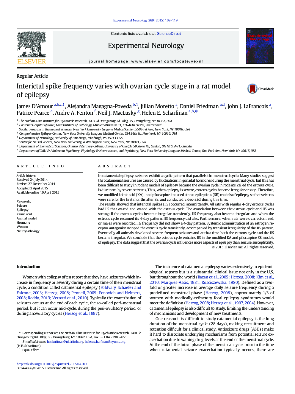 Interictal spike frequency varies with ovarian cycle stage in a rat model of epilepsy