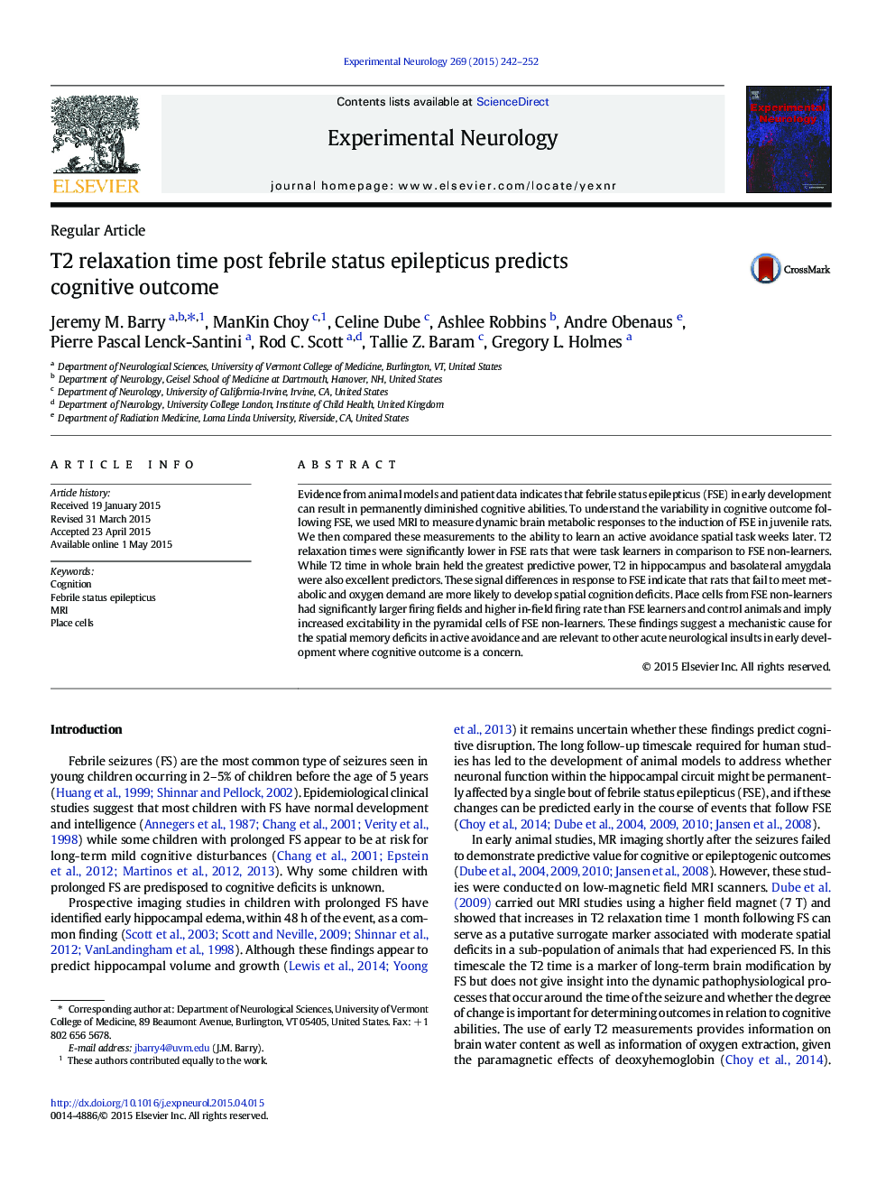 T2 relaxation time post febrile status epilepticus predicts cognitive outcome