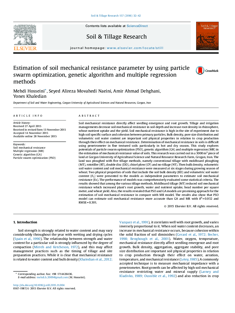 Estimation of soil mechanical resistance parameter by using particle swarm optimization, genetic algorithm and multiple regression methods