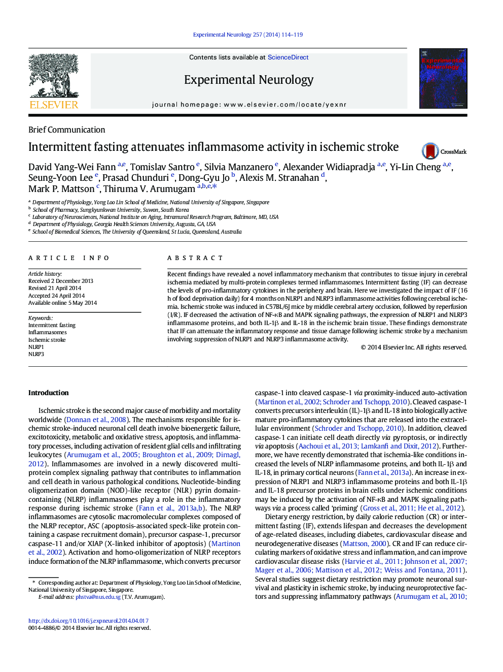 Intermittent fasting attenuates inflammasome activity in ischemic stroke