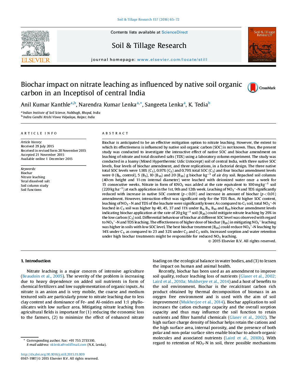 Biochar impact on nitrate leaching as influenced by native soil organic carbon in an Inceptisol of central India