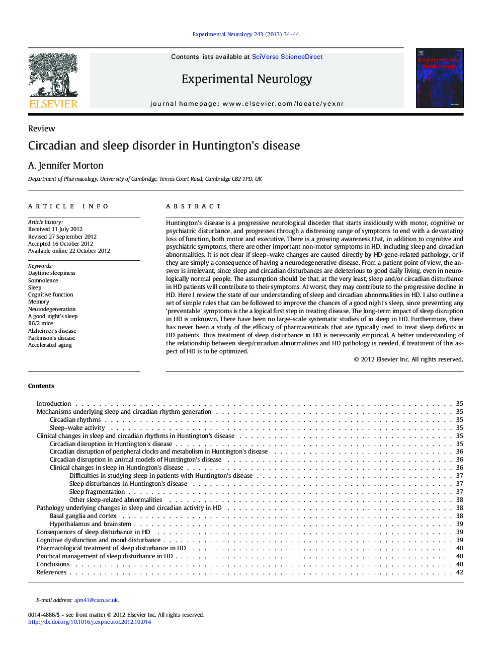 Circadian and sleep disorder in Huntington's disease