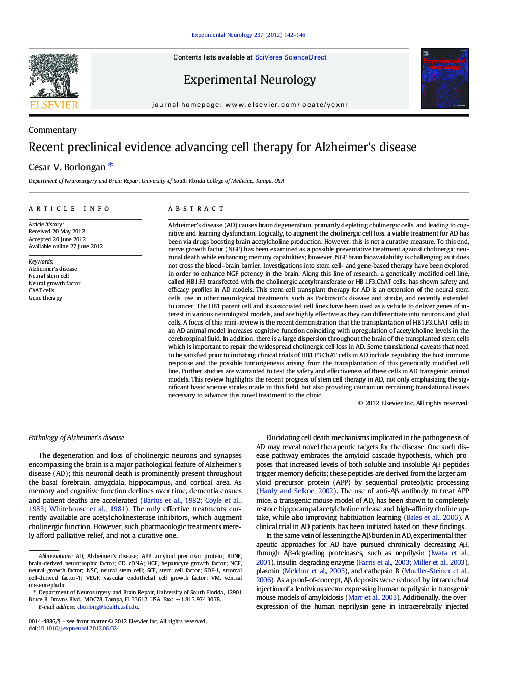 Recent preclinical evidence advancing cell therapy for Alzheimer's disease