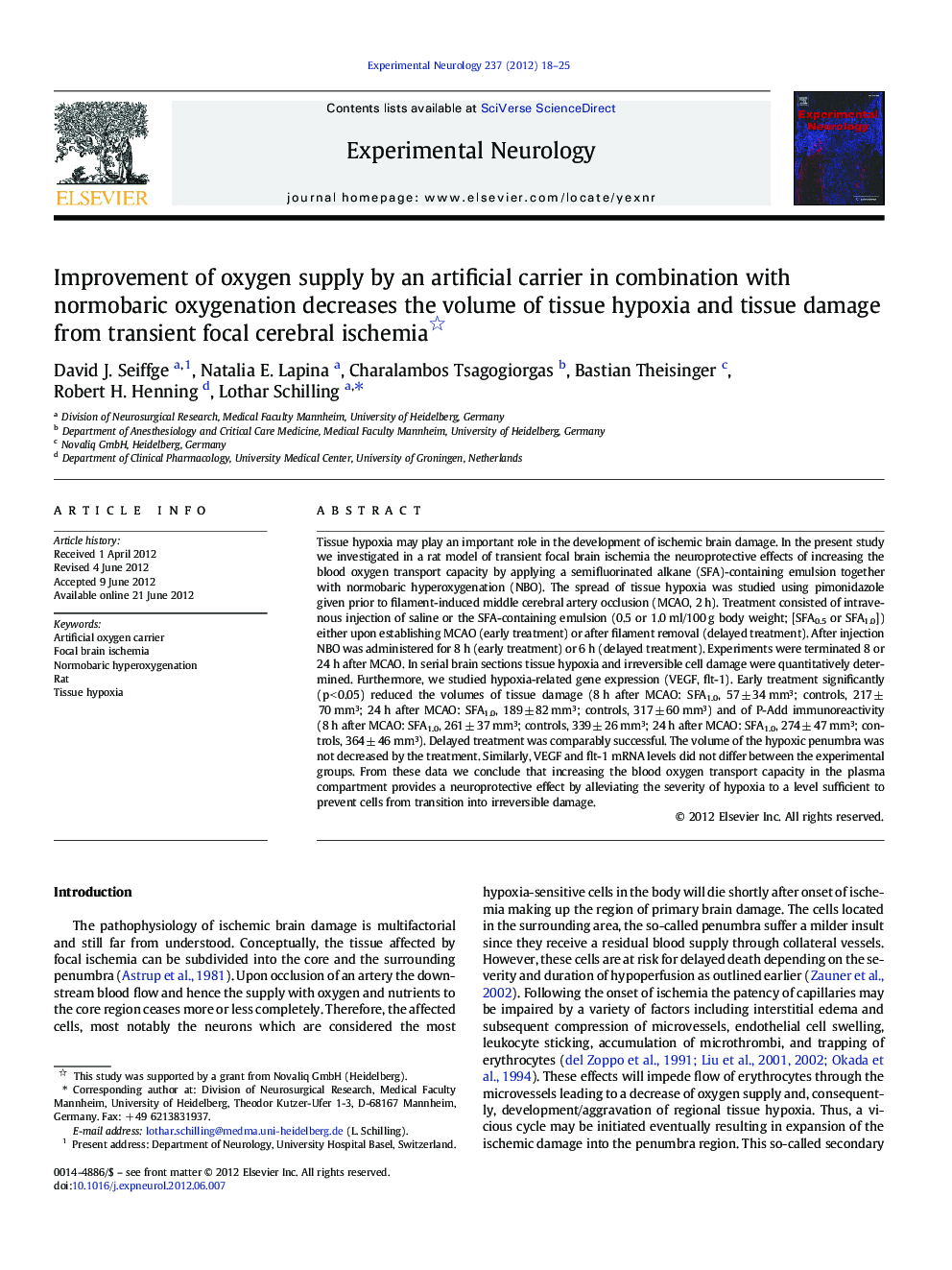 Improvement of oxygen supply by an artificial carrier in combination with normobaric oxygenation decreases the volume of tissue hypoxia and tissue damage from transient focal cerebral ischemia 