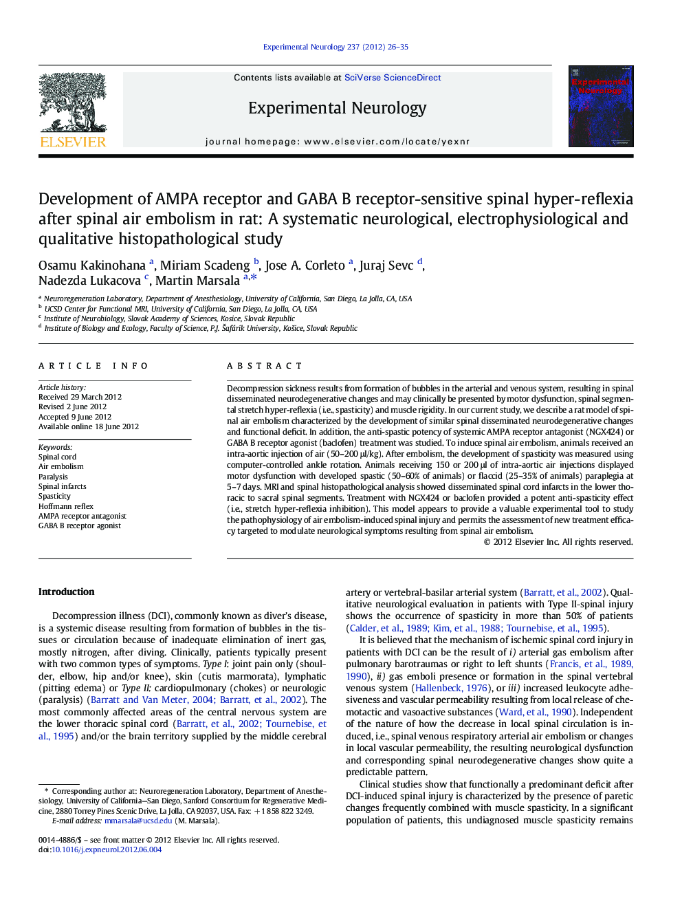 Development of AMPA receptor and GABA B receptor-sensitive spinal hyper-reflexia after spinal air embolism in rat: A systematic neurological, electrophysiological and qualitative histopathological study