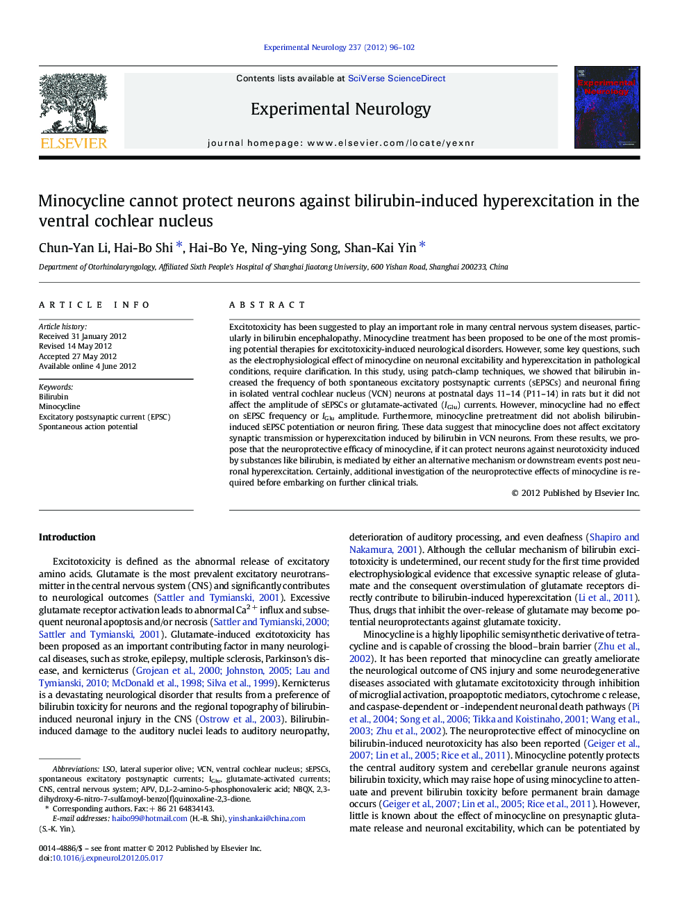 Minocycline cannot protect neurons against bilirubin-induced hyperexcitation in the ventral cochlear nucleus