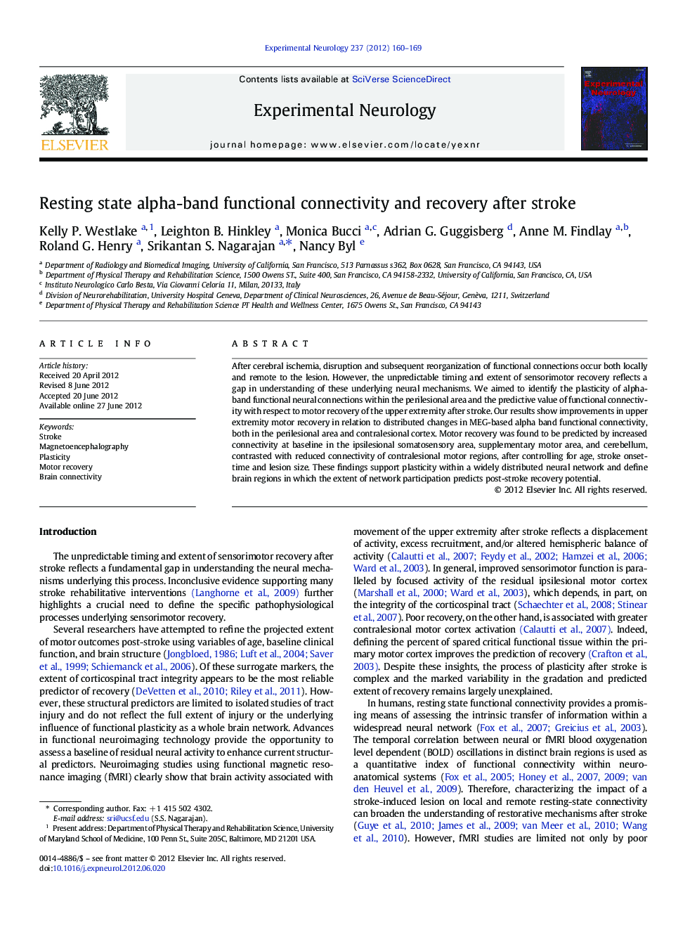 Resting state alpha-band functional connectivity and recovery after stroke