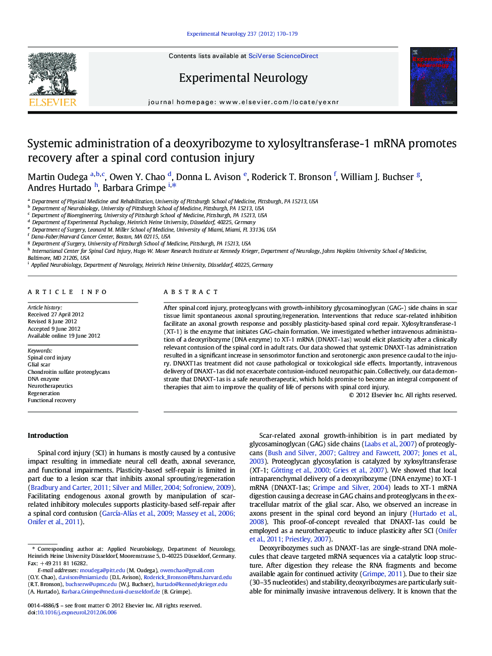 Systemic administration of a deoxyribozyme to xylosyltransferase-1 mRNA promotes recovery after a spinal cord contusion injury