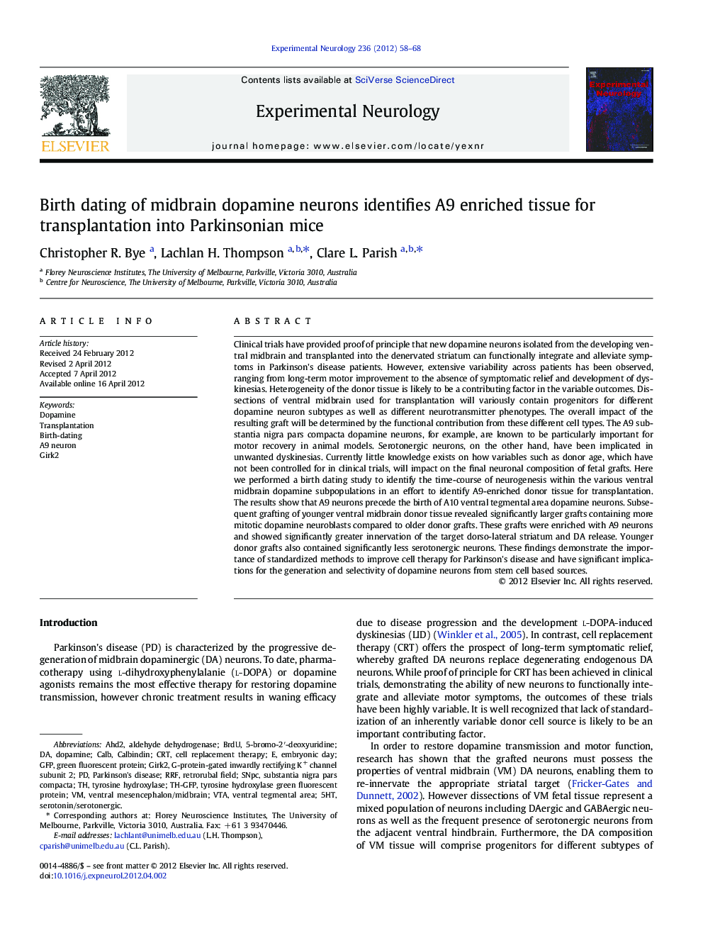 Birth dating of midbrain dopamine neurons identifies A9 enriched tissue for transplantation into Parkinsonian mice