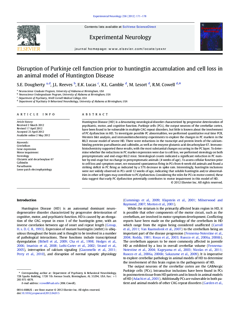 Disruption of Purkinje cell function prior to huntingtin accumulation and cell loss in an animal model of Huntington Disease