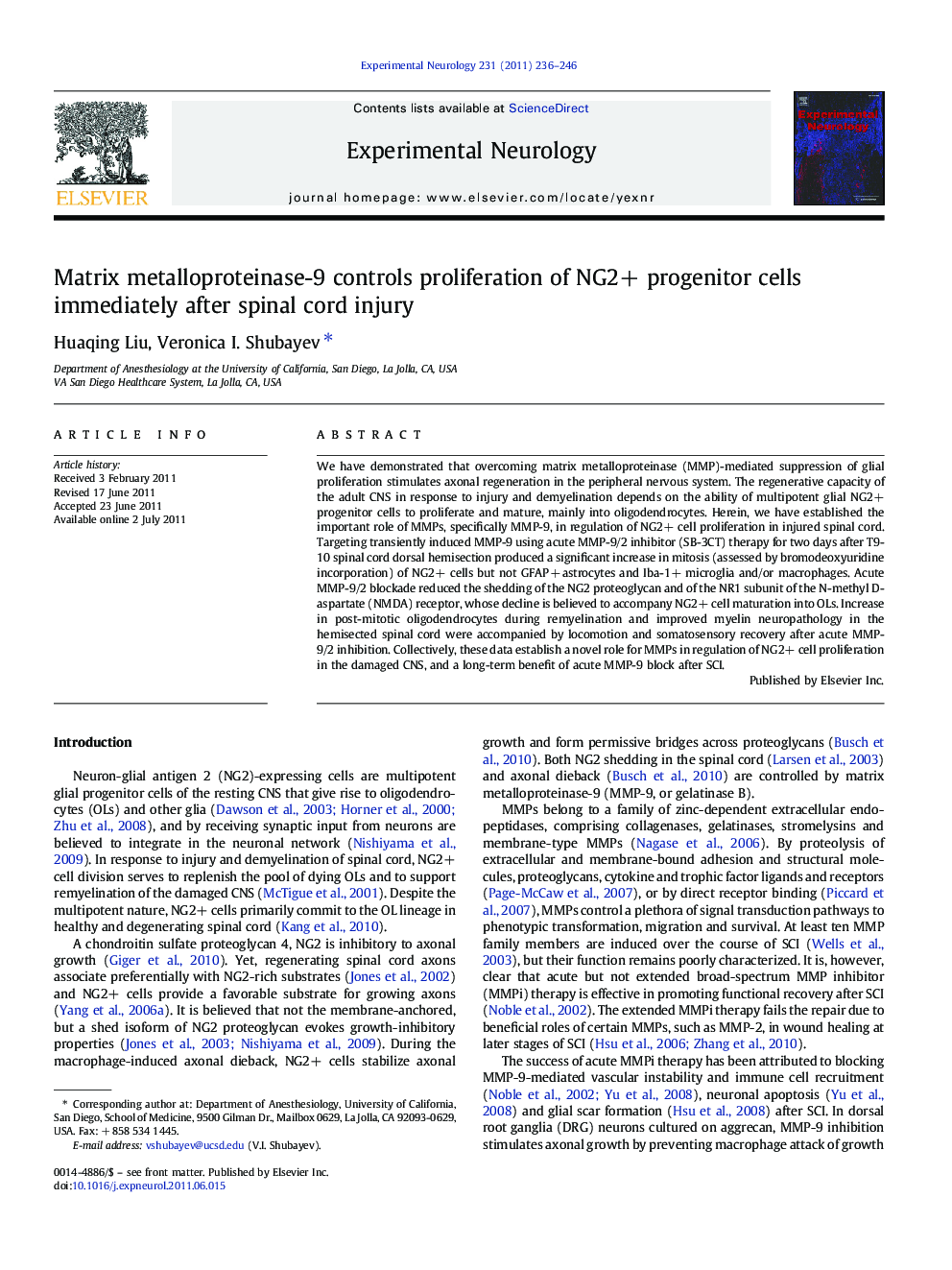 Matrix metalloproteinase-9 controls proliferation of NG2+ progenitor cells immediately after spinal cord injury