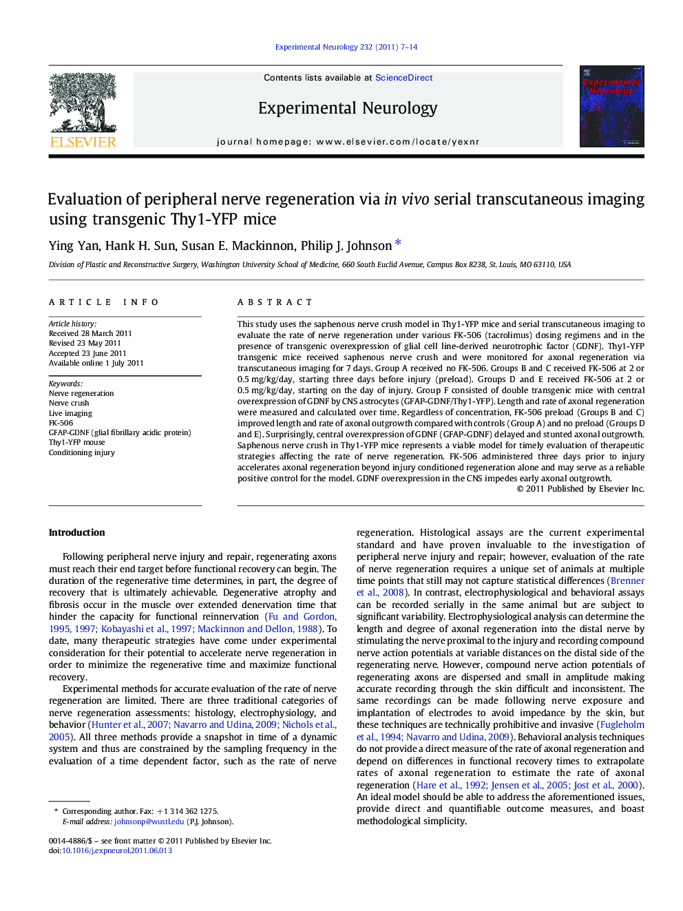 Evaluation of peripheral nerve regeneration via in vivo serial transcutaneous imaging using transgenic Thy1-YFP mice