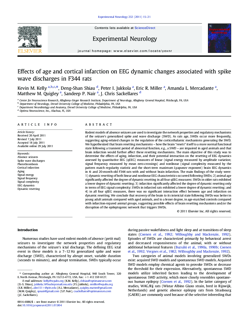 Effects of age and cortical infarction on EEG dynamic changes associated with spike wave discharges in F344 rats