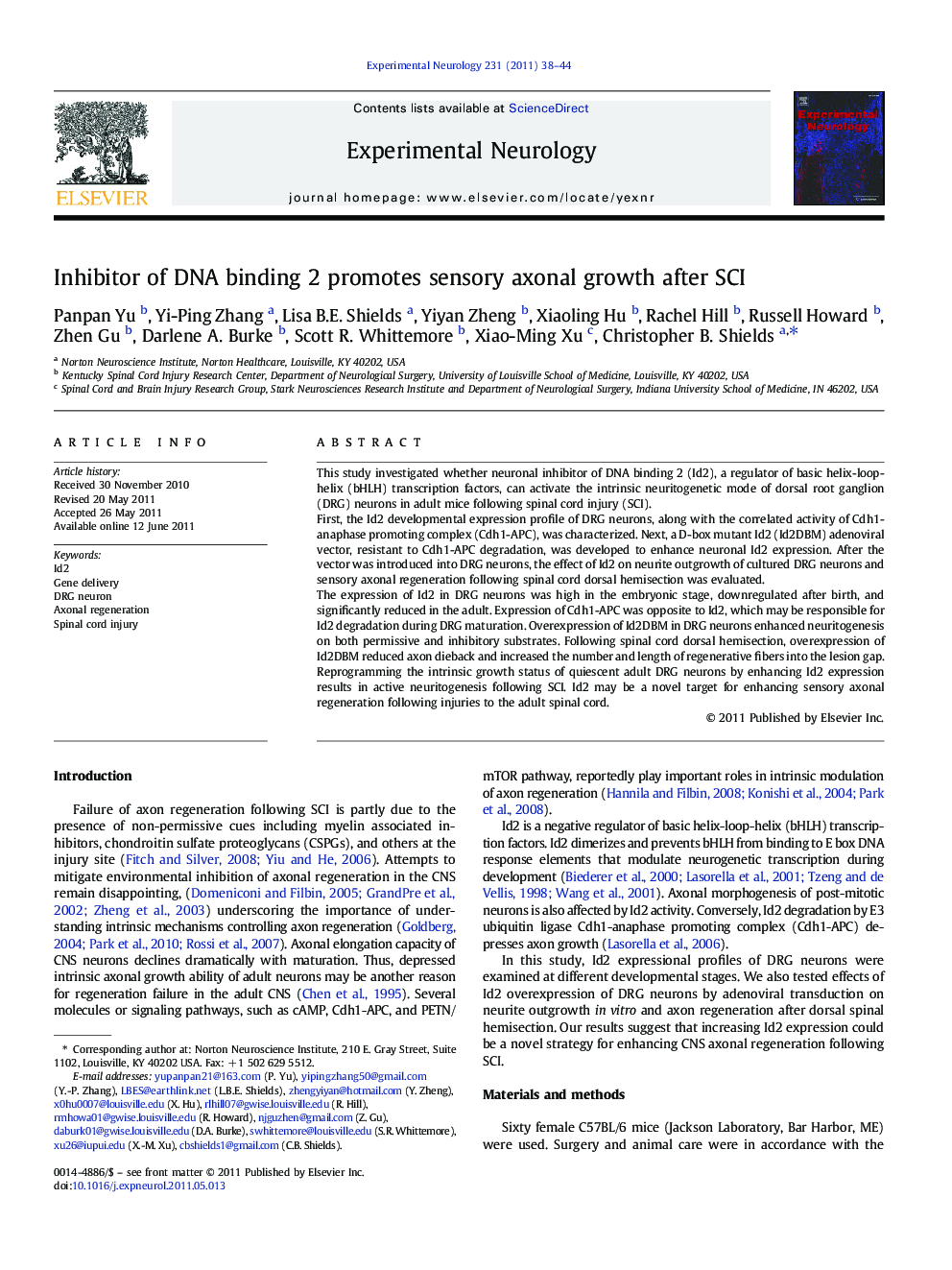 Inhibitor of DNA binding 2 promotes sensory axonal growth after SCI