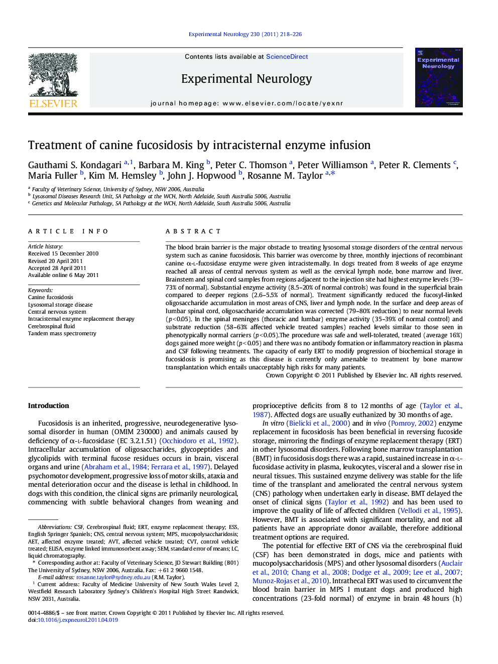 Treatment of canine fucosidosis by intracisternal enzyme infusion