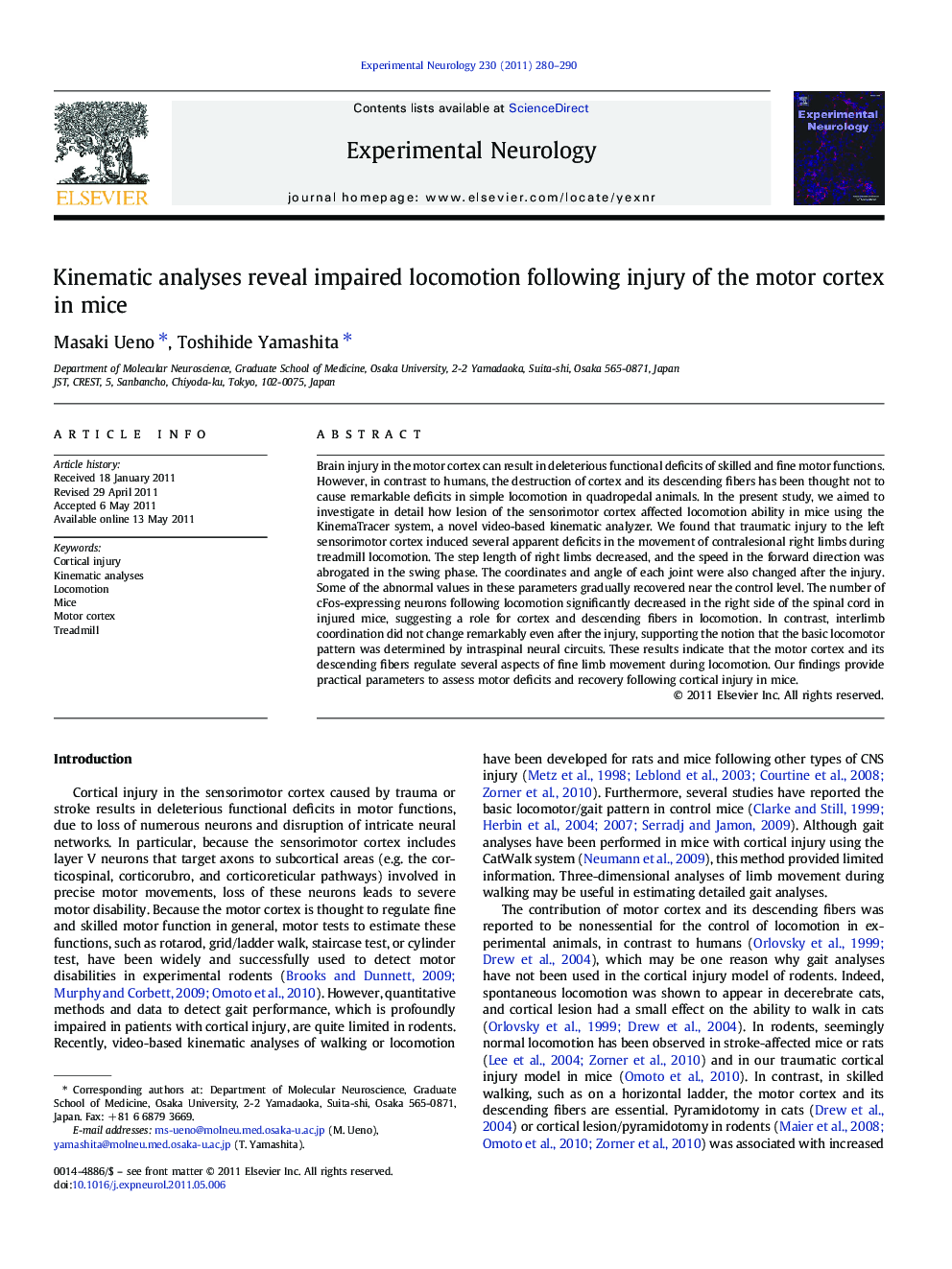 Kinematic analyses reveal impaired locomotion following injury of the motor cortex in mice