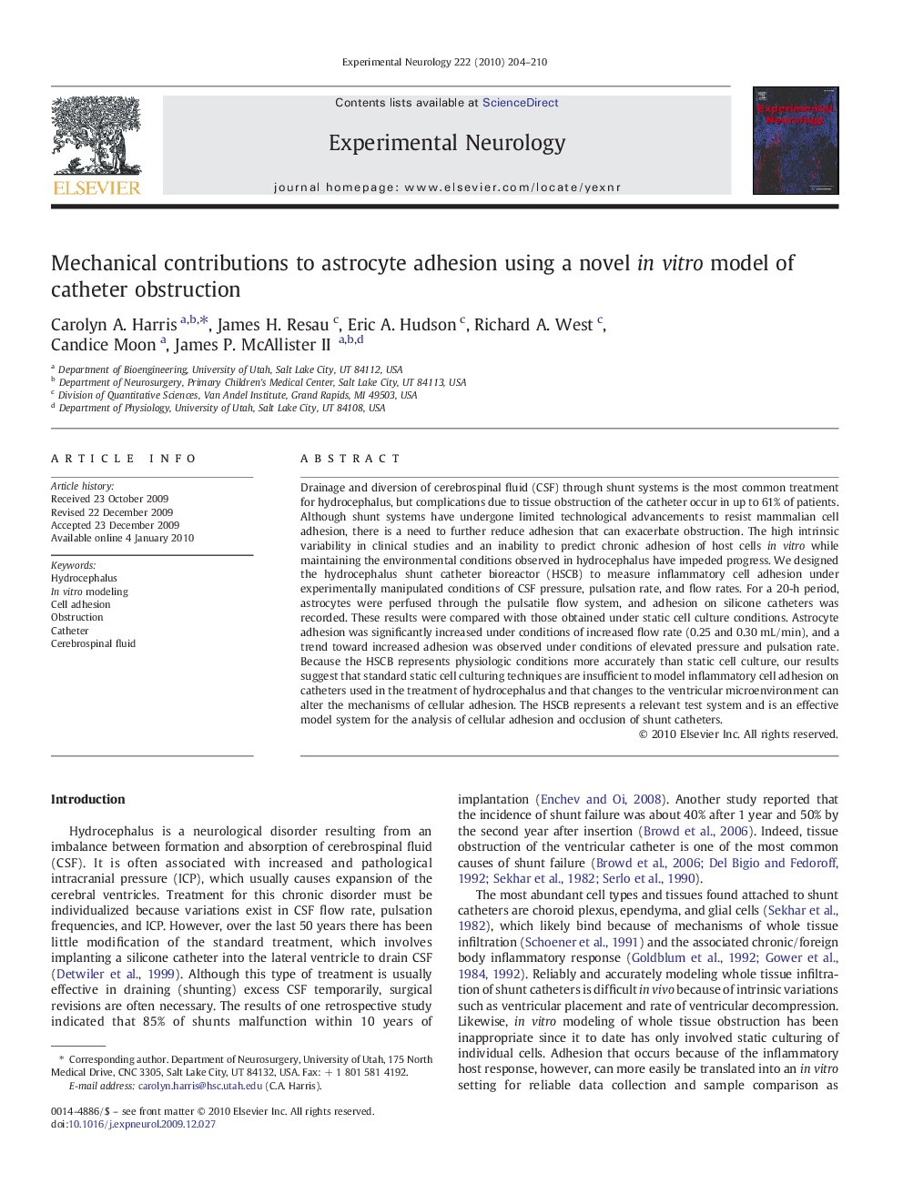 Mechanical contributions to astrocyte adhesion using a novel in vitro model of catheter obstruction