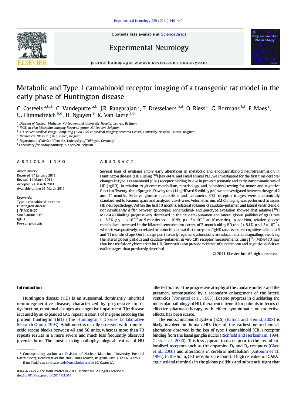 Metabolic and Type 1 cannabinoid receptor imaging of a transgenic rat model in the early phase of Huntington disease