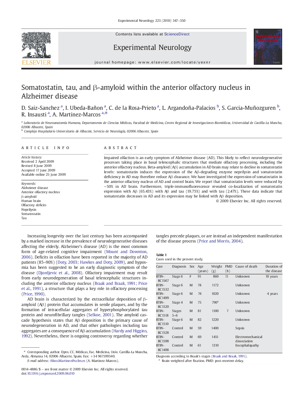 Somatostatin, tau, and β-amyloid within the anterior olfactory nucleus in Alzheimer disease