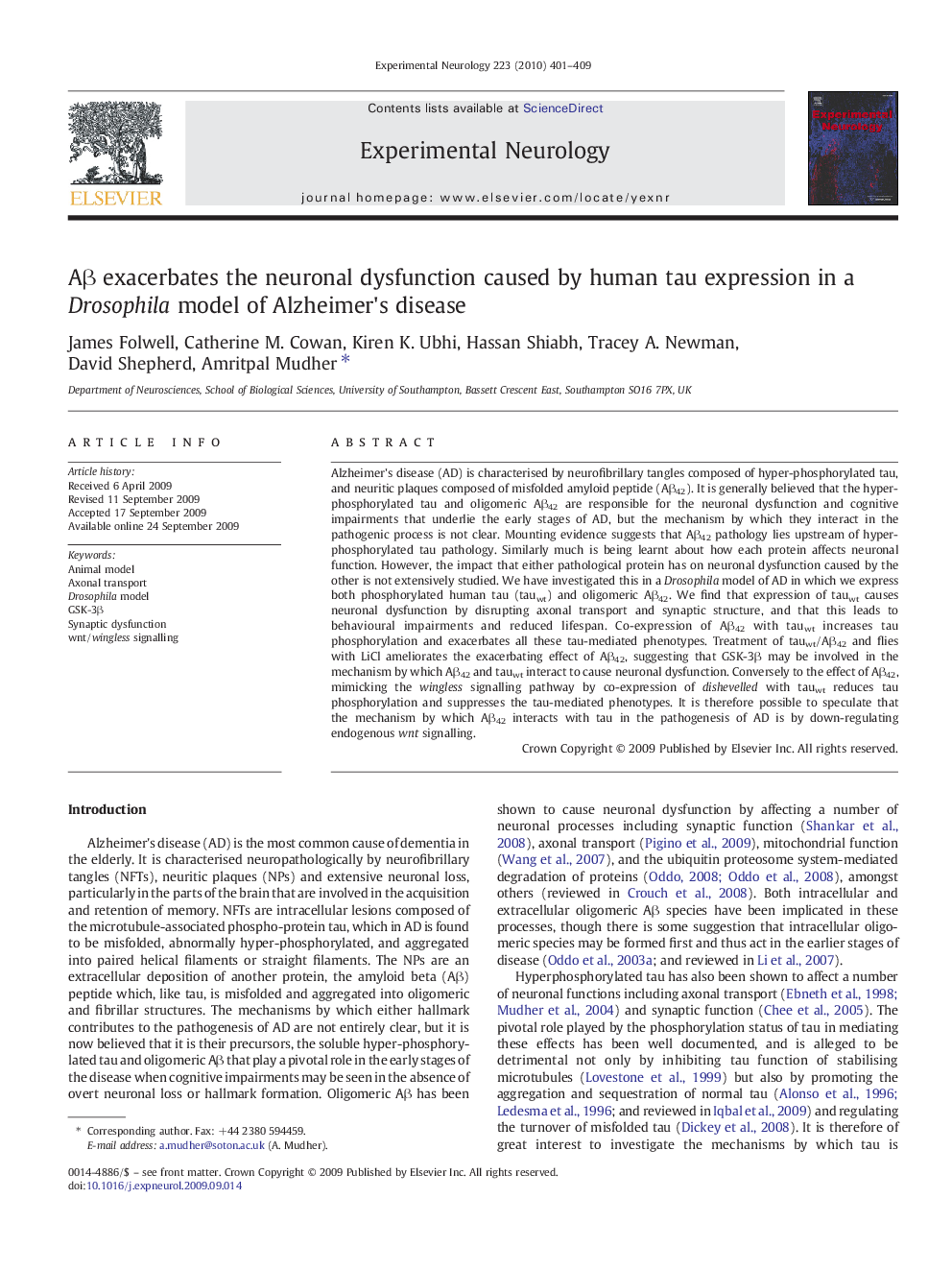 Aβ exacerbates the neuronal dysfunction caused by human tau expression in a Drosophila model of Alzheimer's disease