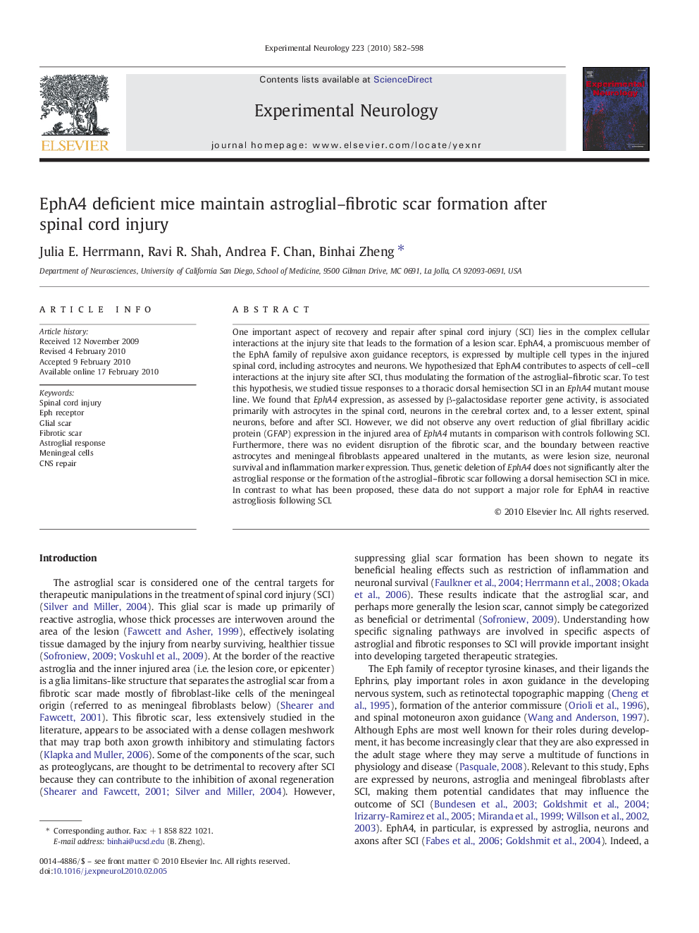 EphA4 deficient mice maintain astroglial–fibrotic scar formation after spinal cord injury