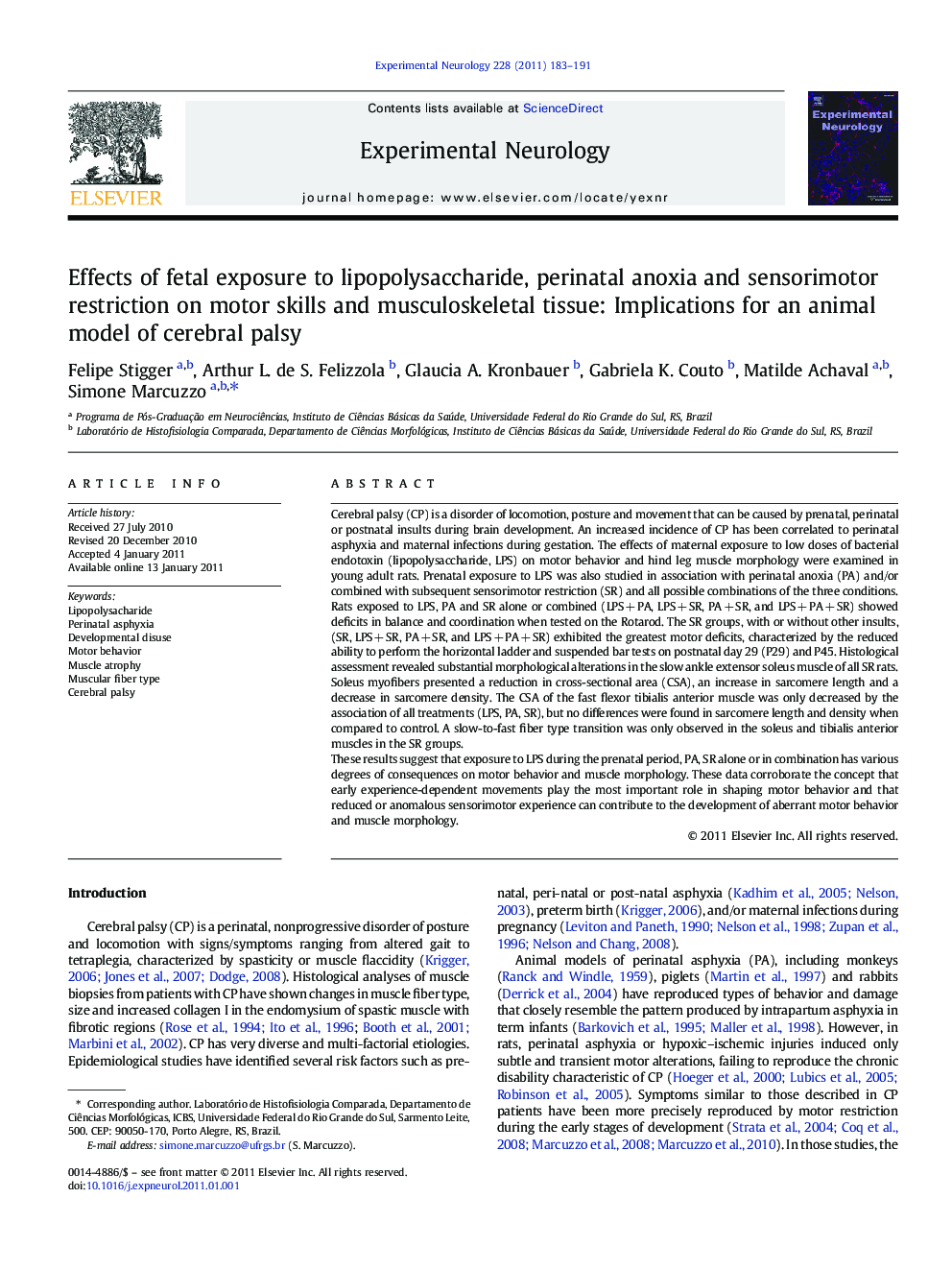 Effects of fetal exposure to lipopolysaccharide, perinatal anoxia and sensorimotor restriction on motor skills and musculoskeletal tissue: Implications for an animal model of cerebral palsy