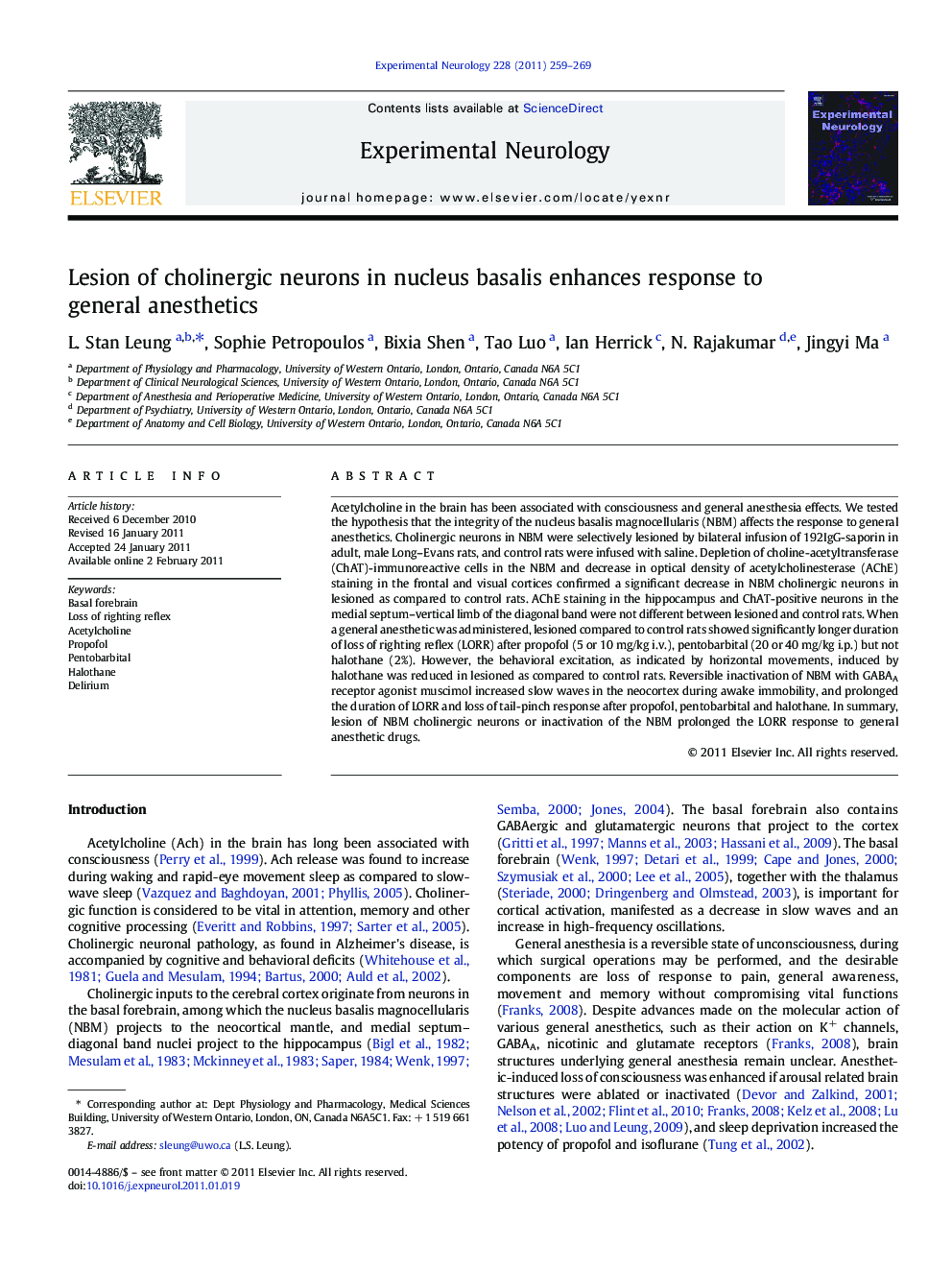 Lesion of cholinergic neurons in nucleus basalis enhances response to general anesthetics