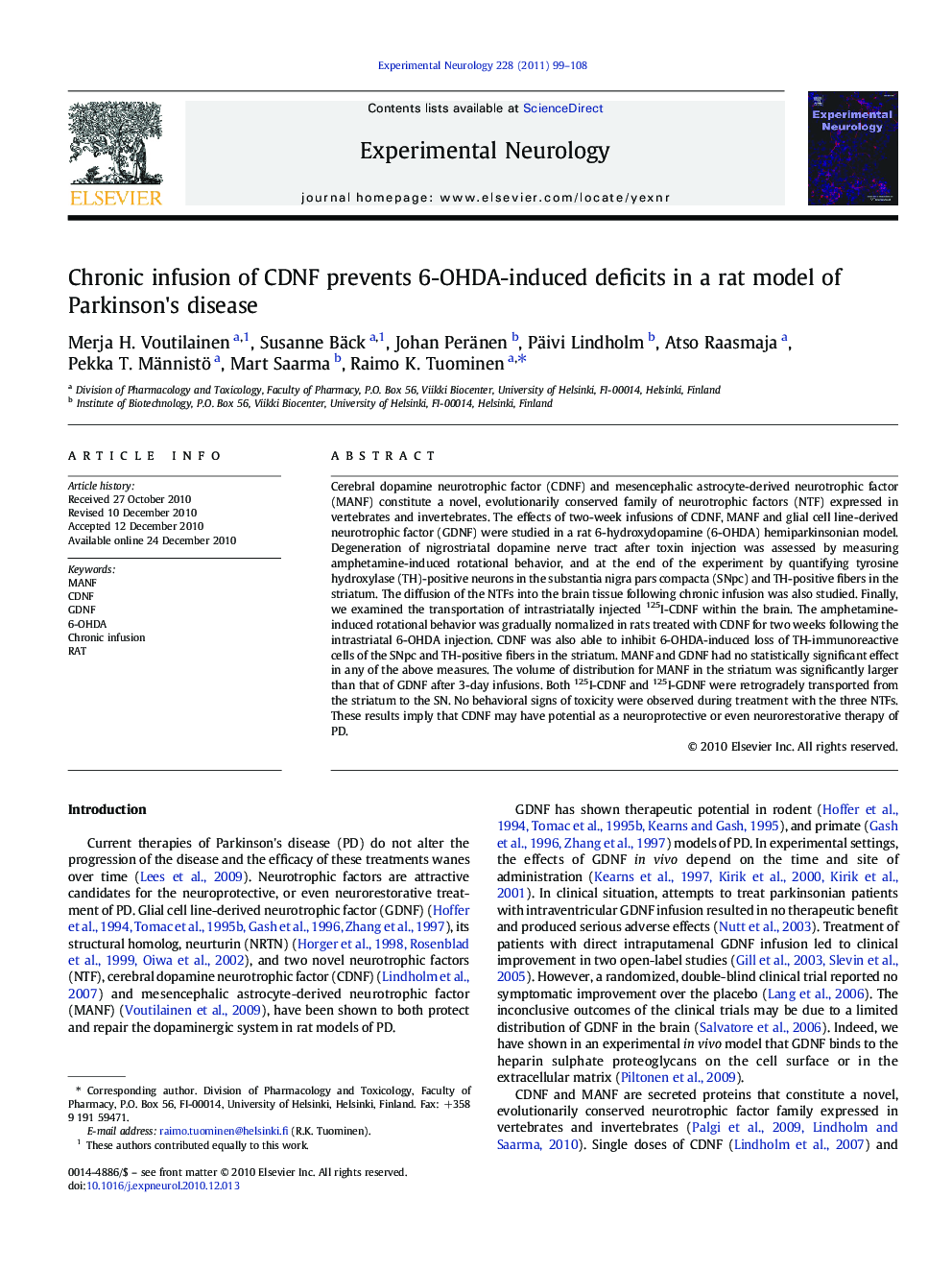 Chronic infusion of CDNF prevents 6-OHDA-induced deficits in a rat model of Parkinson's disease