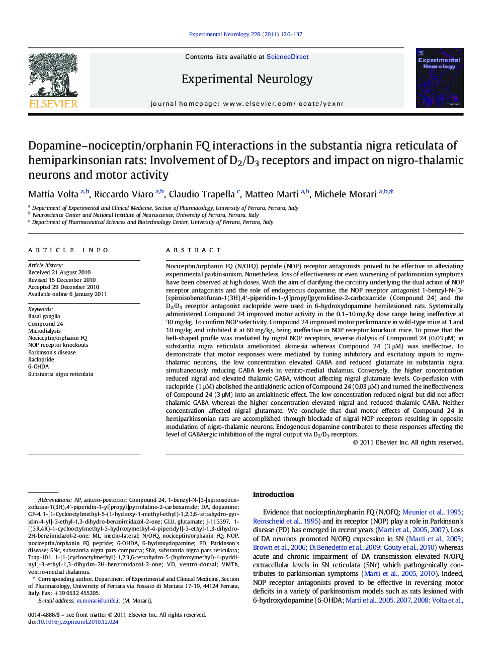 Dopamine-nociceptin/orphanin FQ interactions in the substantia nigra reticulata of hemiparkinsonian rats: Involvement of D2/D3 receptors and impact on nigro-thalamic neurons and motor activity