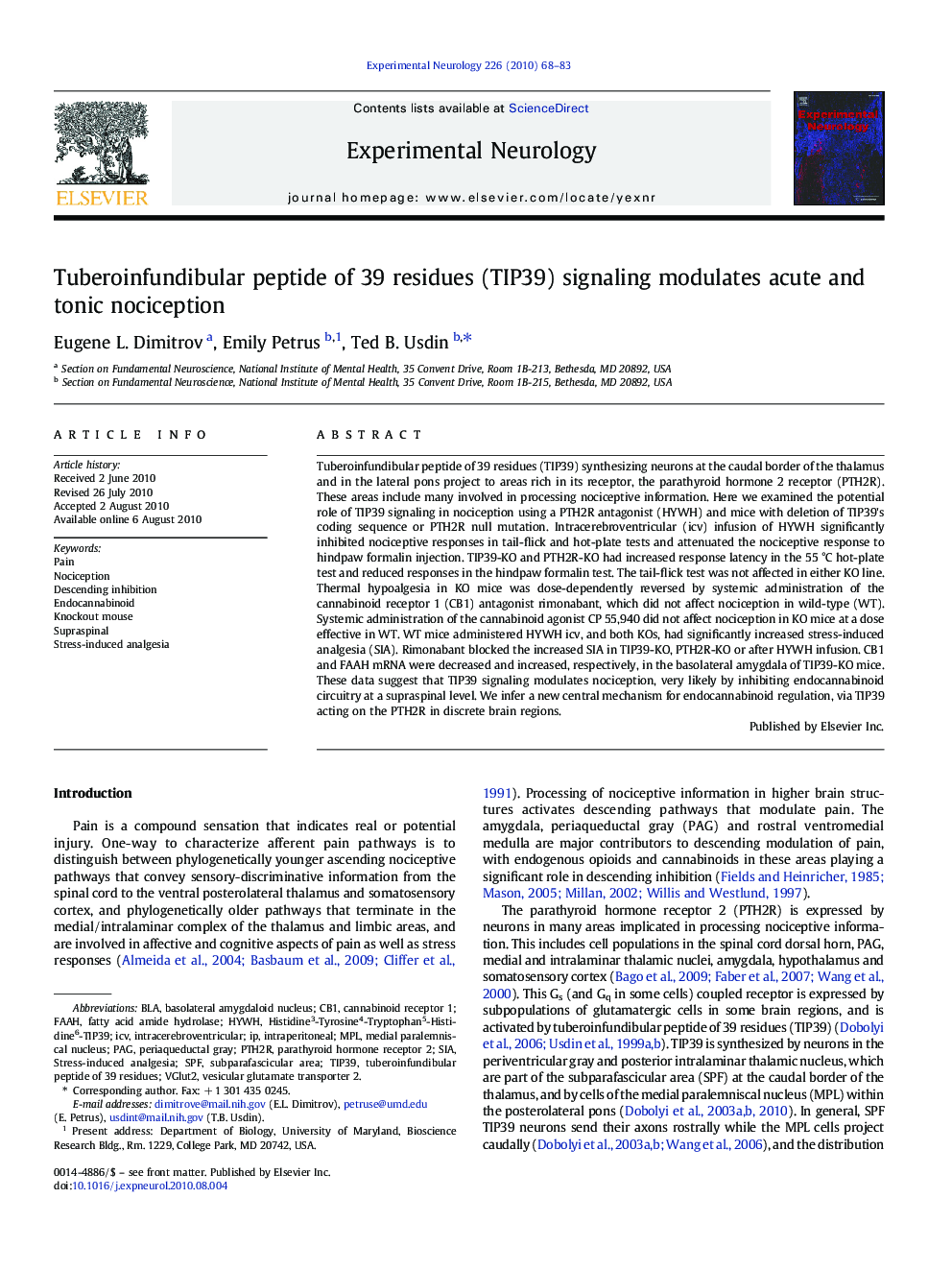 Tuberoinfundibular peptide of 39 residues (TIP39) signaling modulates acute and tonic nociception