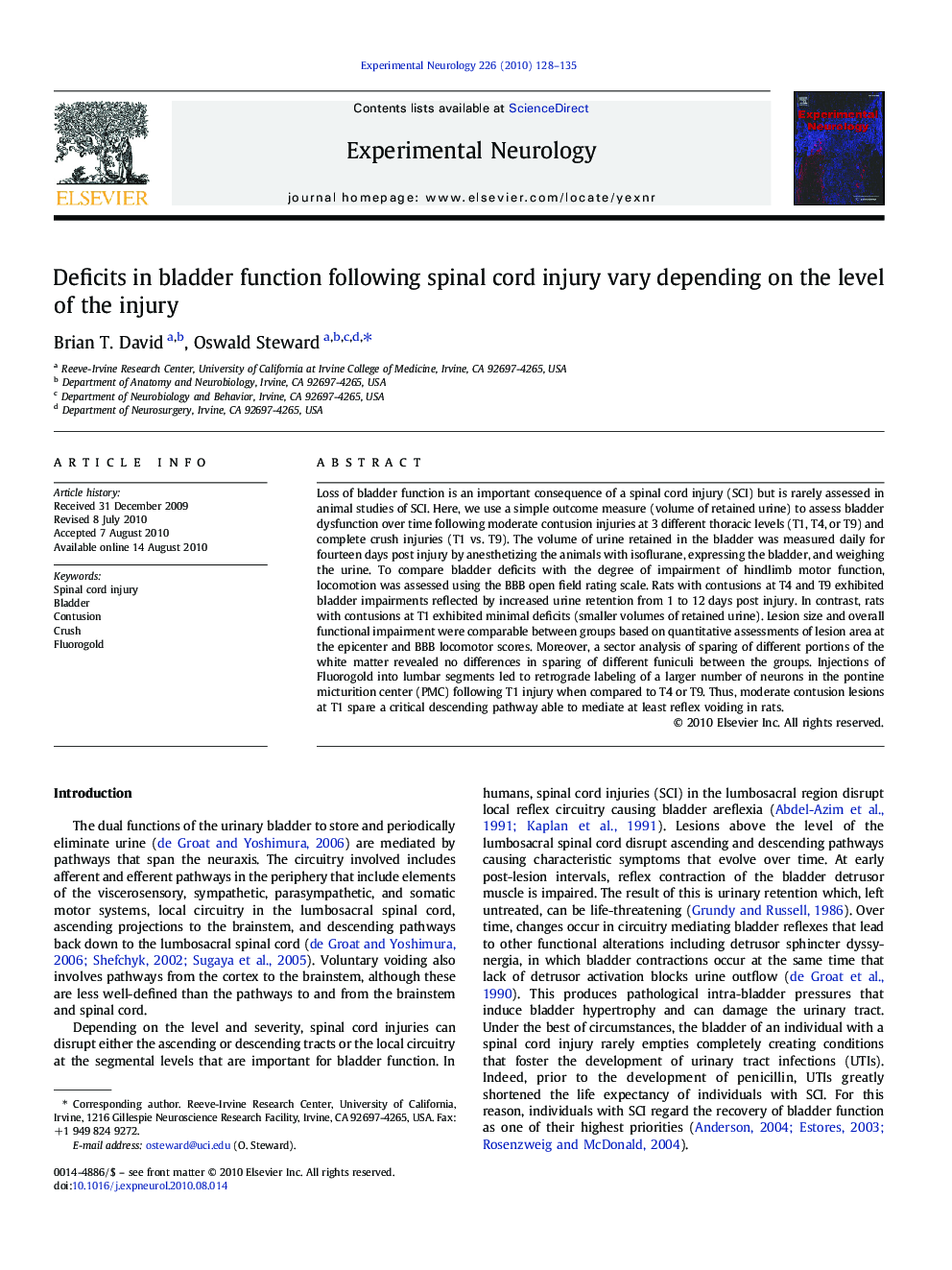 Deficits in bladder function following spinal cord injury vary depending on the level of the injury