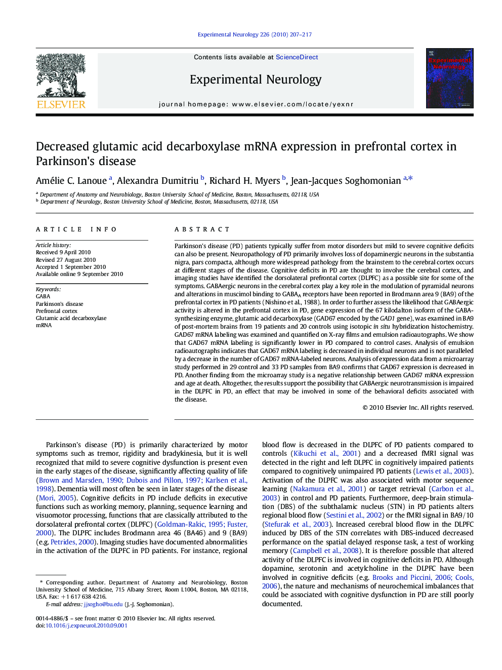 Decreased glutamic acid decarboxylase mRNA expression in prefrontal cortex in Parkinson's disease