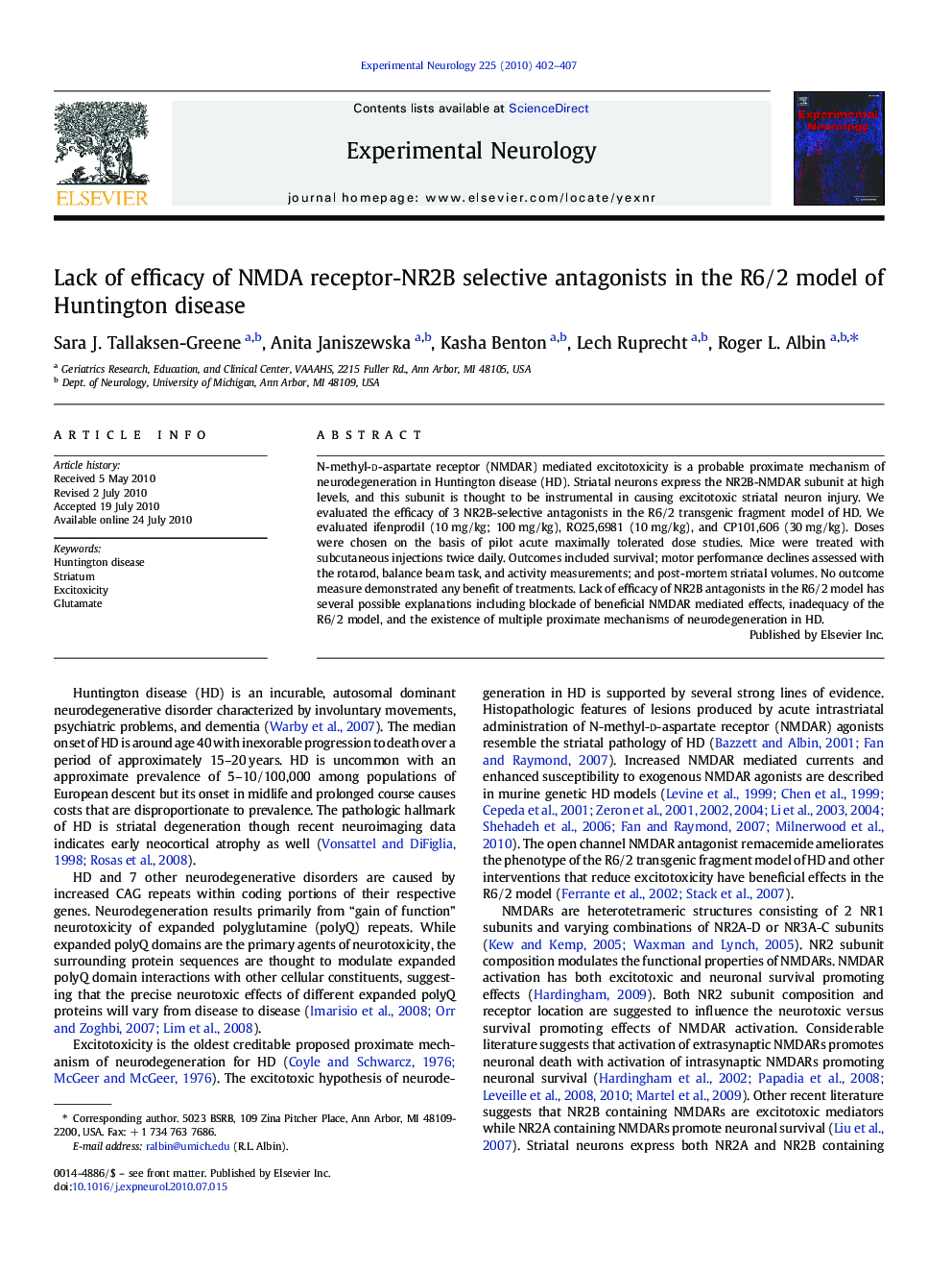 Lack of efficacy of NMDA receptor-NR2B selective antagonists in the R6/2 model of Huntington disease